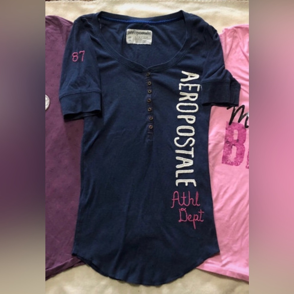 ✨Vintage Y2K Aeropostale 87 Graphic Henley Top Navy M ✨